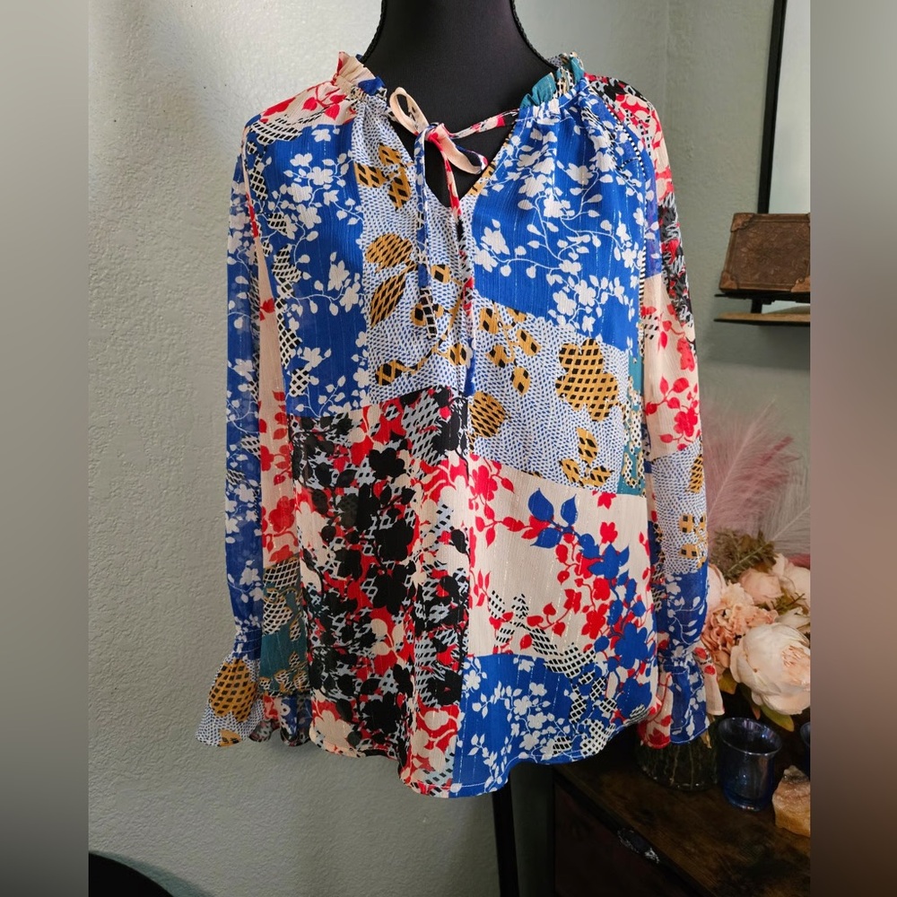 Collective Concept Floral Patchwork Blouse Size M… - image 1